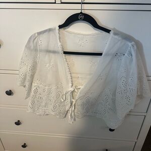White Eyelet Tie-Front Cropped Blouse